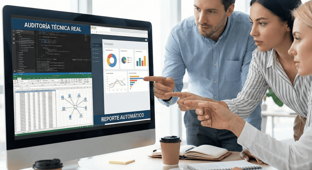 Desarrolladores analizando métricas de velocidad y código WordPress en ordenador de oficina