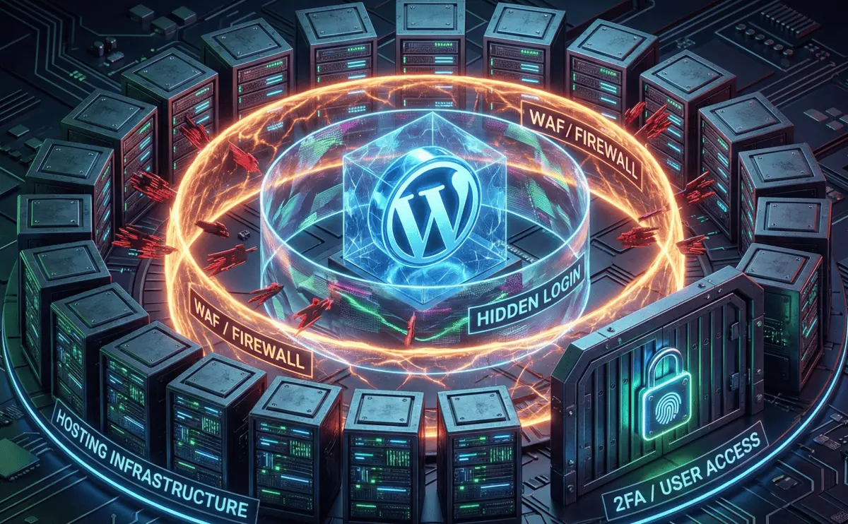 Ilustración digital isométrica que muestra el logotipo de WordPress en el centro, protegido por cuatro barreras de seguridad concéntricas