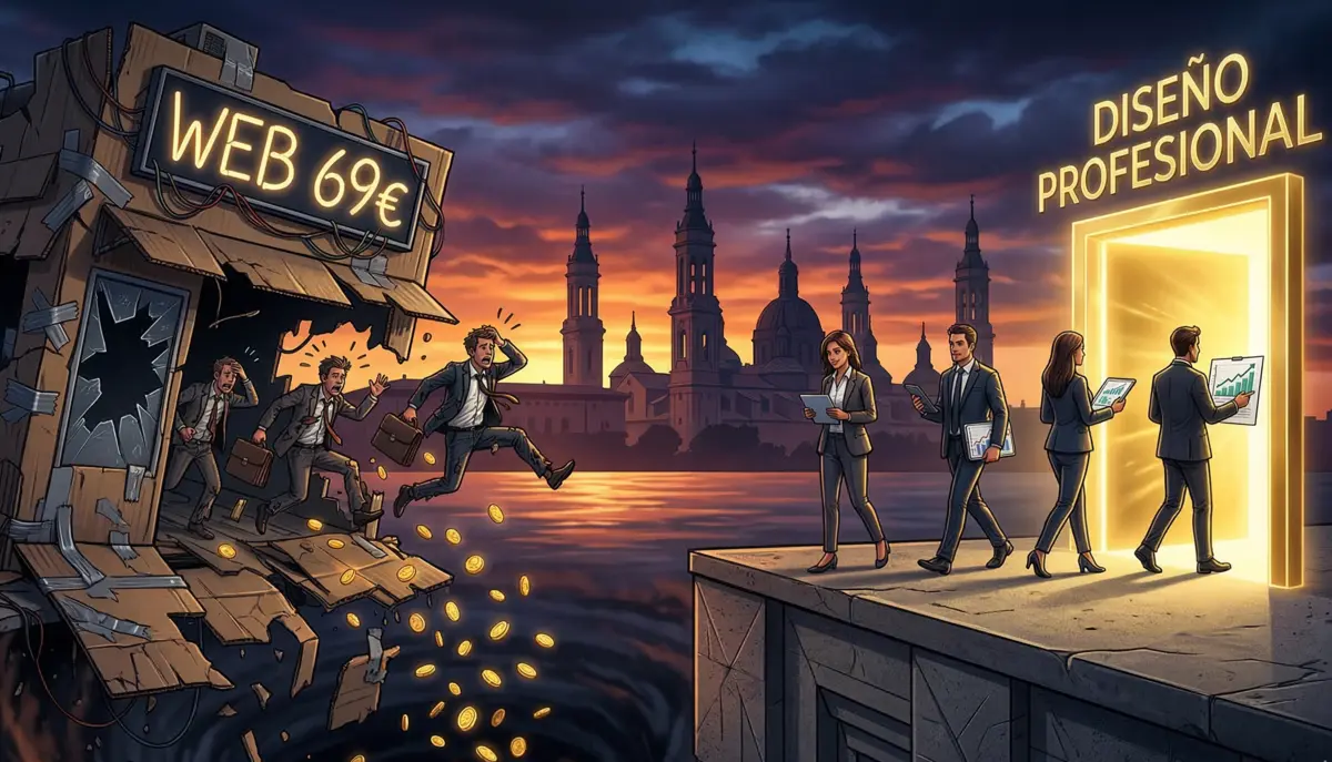 Negocio colapsando por una web de 69€ frente a la solidez de un diseño web profesional en Zaragoza.