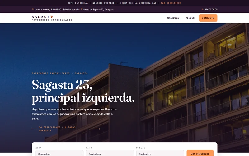 Demo funcional de web para inmobiliaria: cat&aacute;logo de pisos con filtros por zona y mapa (GAB Developers)