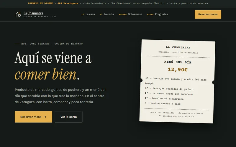 Ejemplo de diseño web para restaurante y hostelería (demo de GAB Developers)