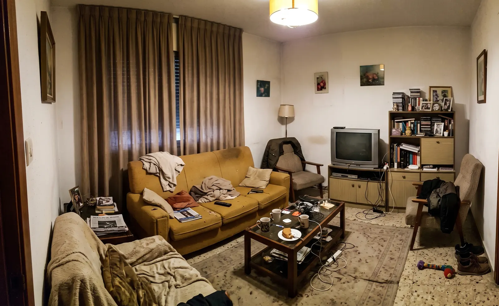 Salón fotografiado con el móvil: oscuro, desordenado y con encuadre torcido