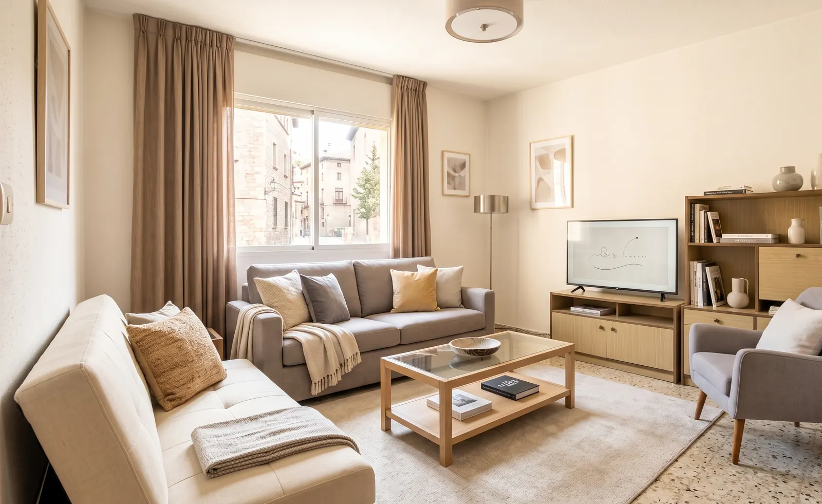 El mismo salón tras el home staging: reportaje profesional, luminoso y ordenado