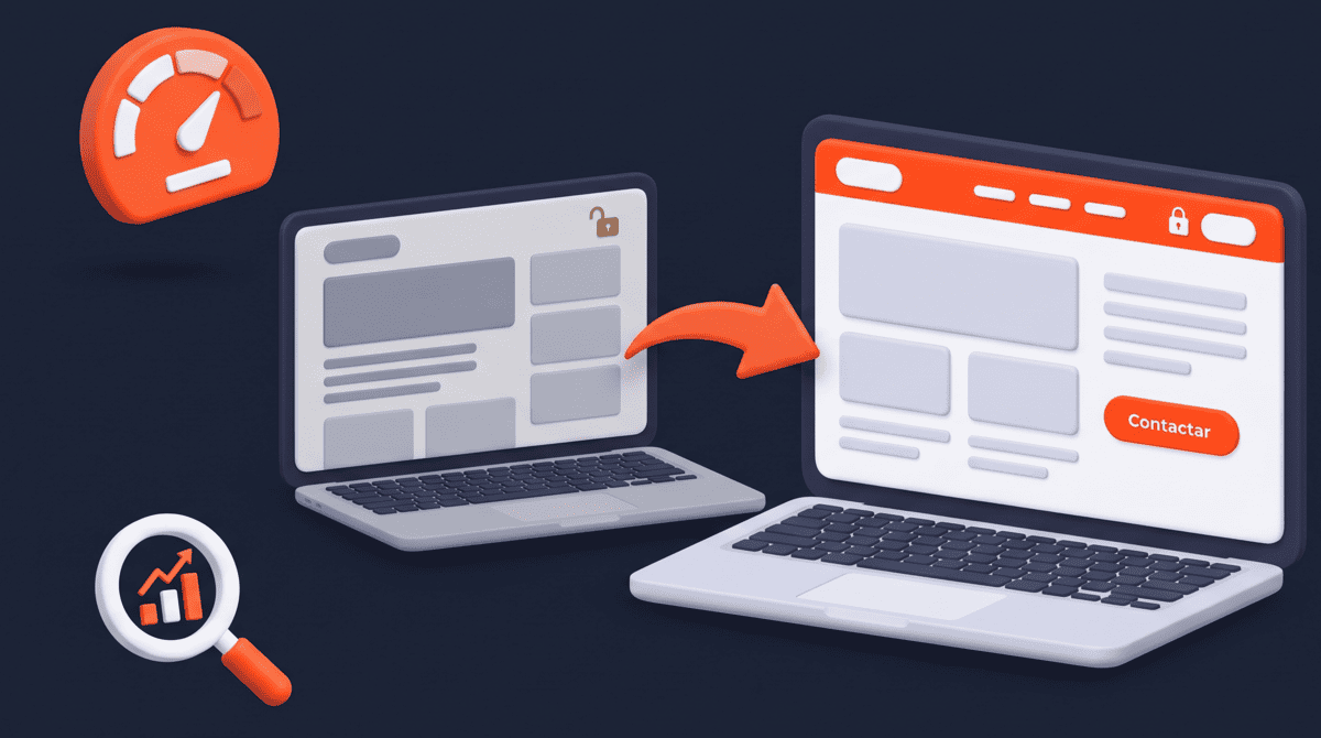 Ilustración de una web antigua transformándose en una web moderna y rápida, renovación de página web en Zaragoza