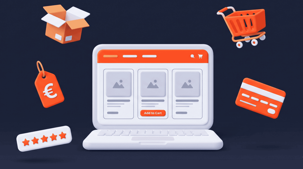 Ilustración de una tienda online en WooCommerce con iconos de carrito de compra, envío y pago, tienda online en Zaragoza